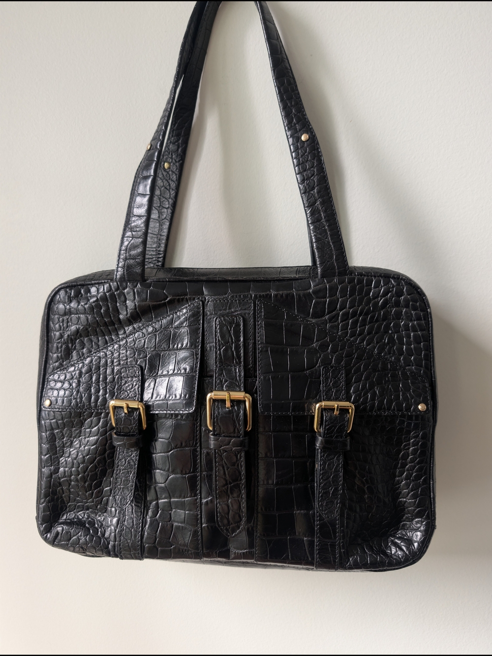 Lauren Ralph Lauren Black Embossed Croc Leather Double Zip Briefcase Tote Bag - Picture 1 of 8